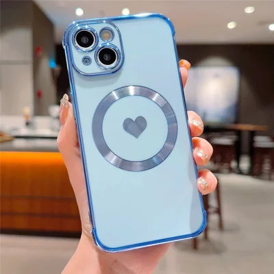 For iPhone 14 Case Compatible with MagSafe Heart Pattern TPU Phone Cover - Blue