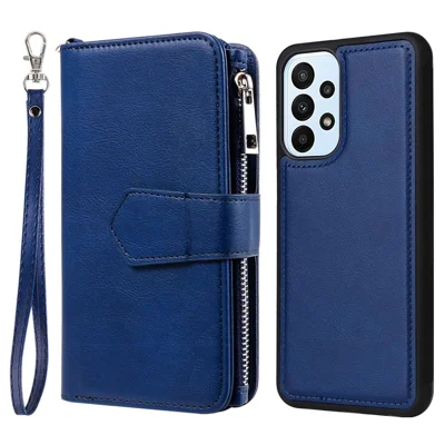 Funda magnética de cuero para Samsung Galaxy A23 5G (Global) / 4G con billetera desmontable, correa con cierre y correa de muñeca - Azul