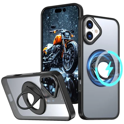 For iPhone 16 Plus Clear Back Case Rotating Kickstand TPU+PC Phone Cover Compatible with MagSafe - Black