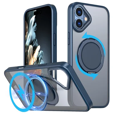 Telefoonhoesje voor iPhone 16 Plus met Ring, Kickstand en Achterkant, Compatibel met MagSafe - Marineblauw