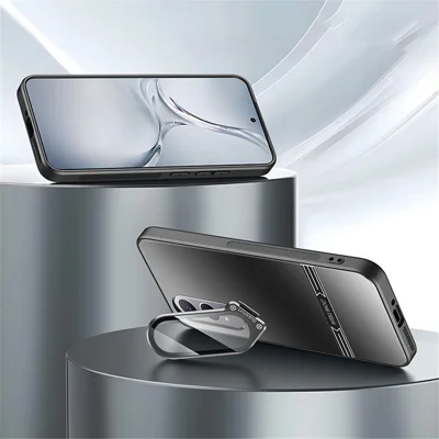 For Oppo K12x 5G (China) Case PC+TPU Matte Anti-Fingerprint Phone Cover with Lens Kickstand - Black