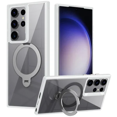 For Samsung Galaxy S23 Ultra Magnetic Case TPU+Acrylic Phone Cover Rotary Ring Kickstand - White