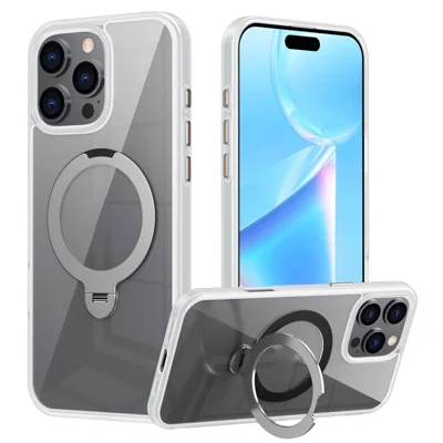 For iPhone 16 Pro Kickstand Case TPU+Acrylic Clear Phone Cover Compatible with MagSafe - Grey
