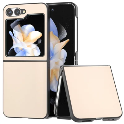 For Samsung Galaxy Z Flip7 FE 5G / Z Flip6 5G Case PU Leather Coated Hard PC Folding Phone Cover - Light Yellow