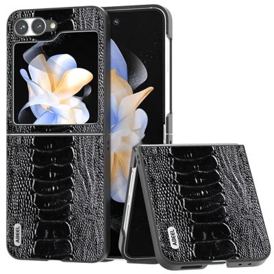 ABEEL For Samsung Galaxy Z Flip7 FE 5G / Z Flip6 5G Case Crocodile Texture Genuine Cow Leather Back Phone Cover - Black