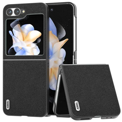 ABEEL For Samsung Galaxy Z Flip7 FE 5G / Z Flip6 5G Case Genuine Cow Leather+PC Hard Phone Cover - Black