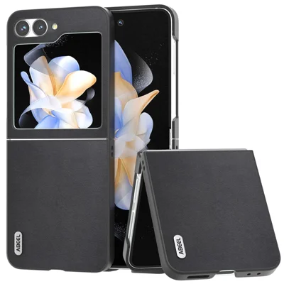 ABEEL For Samsung Galaxy Z Flip7 FE 5G / Z Flip6 5G Case Genuine Cow Leather Coated PC Folding Phone Cover - Black