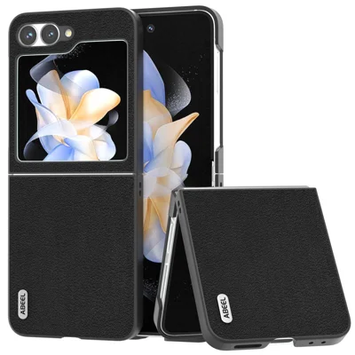ABEEL For Samsung Galaxy Z Flip7 FE 5G / Z Flip6 5G Case Genuine Cow Leather Coated PC Folding Phone Cover - Black
