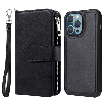 For iPhone 14 Pro Max Magnetic Leather Case Mobile Cover with Detachable Zipper Wallet Strap - Black