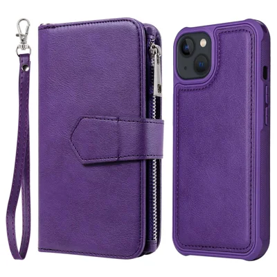 For iPhone 14 Magnetic Leather Case Mobile Cover with Detachable Zipper Wallet Strap - Purple