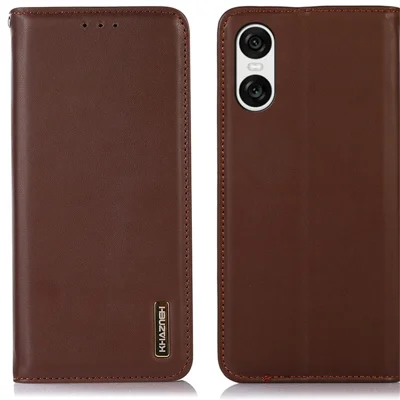KHAZNEH For Sony Xperia 10 VI Wallet Case Genuine Cow Leather Flip Phone Cover - Brown