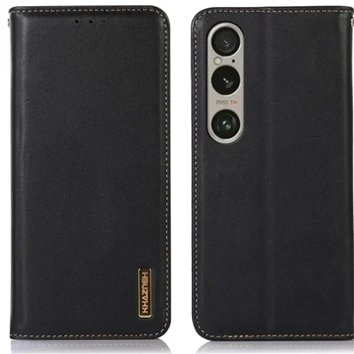 KHAZNEH For Sony Xperia 1 VI Case Genuine Cow Leather Wallet Phone Cover Nappa Texture - Black