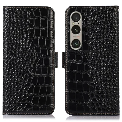 Fodral för Sony Xperia 1 VI, äkta nubbskalv, telefonhölse med plånbok och RFID-skydd - Svart