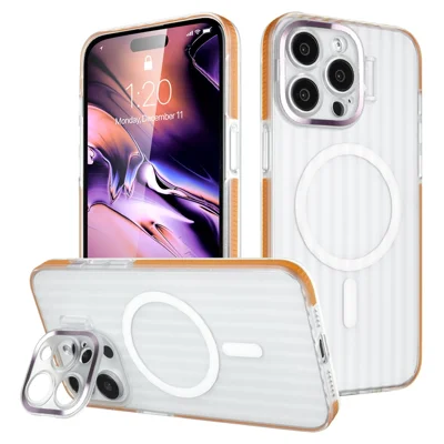 For iPhone 14 Pro Max Case Compatible with MagSafe Kickstand PC+TPU Phone Cover Strip Pattern Anti-slip - Orange