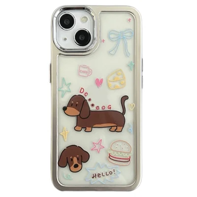 For iPhone 15 Case Silver Edge Pattern Design PC+TPU Phone Cover - Coffee Dachshund