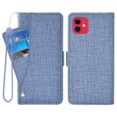 Flip Phone Cover for iPhone 12 / 12 Pro 6.1 inch, Jeans Cloth Texture PU Leather Wallet Stand Rotating Card Slot Phone Case - Blue