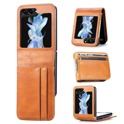 For Samsung Galaxy Z Flip7 FE 5G / Z Flip6 5G Case Leather Phone Cover Card Slots Photo Frame Slot - Brown