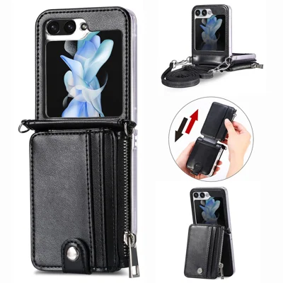 For Samsung Galaxy Z Flip7 FE 5G / Z Flip6 5G Case Zipper Card Holder Leather Phone Cover with Long Strap - Black