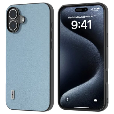 ABEEL For iPhone 16 Plus Case Genuine Cow Leather Coated PC+TPU Phone Cover - Sky Blue