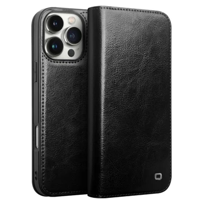 QIALINO For iPhone 16 Pro Max Case Genuine Cow Leather Card Slots Phone Cover - Black