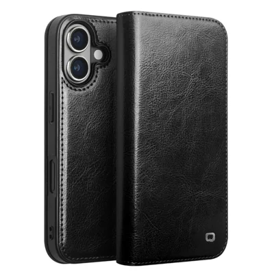 QIALINO For iPhone 16 Plus Case Card Holder Genuine Cow Leather Stand Phone Cover - Black
