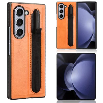 For Samsung Galaxy Z Fold6 5G Case Retro Leather Coated PC Phone Cover with Pens Slot - Brown