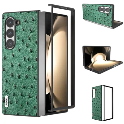 ABEEL For Samsung Galaxy Z Fold6 5G Case Genuine Cow Leather+PC Cover Ostrich Texture - Green