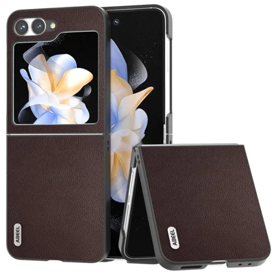 ABEEL For Samsung Galaxy Z Flip7 FE 5G / Z Flip6 5G Case Black Edge Genuine Cow Leather PC Phone Cover - Coffee
