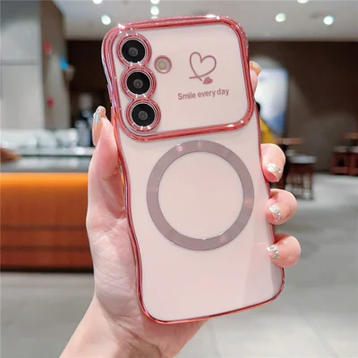 For Samsung Galaxy S24 Magnetic Case Wavy Edge TPU Phone Cover Heart Pattern Design - Rose Pink