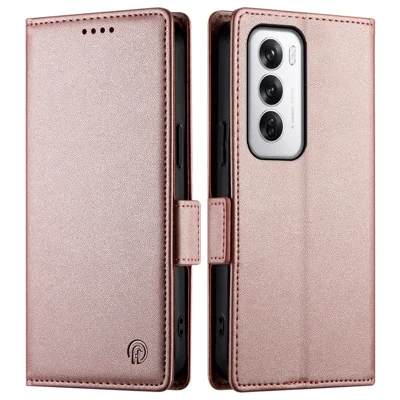 DF-010 For Oppo Reno12 5G (Global) Wallet Phone Case Stand PU Leather Flip Cover - Rose Gold