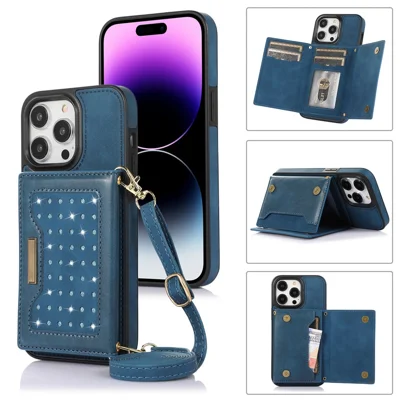For iPhone 16 Pro Case Wallet RFID Blocking TPU Leather Phone Cover with Lanyard - Blue