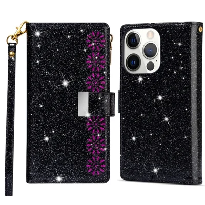 For iPhone 16 Pro Max Case Leather Wallet Phone Cover Starry Sky Carving - Black