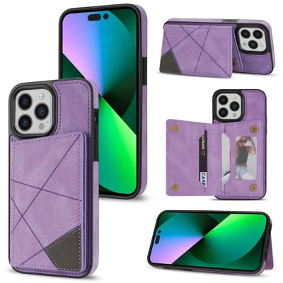 For iPhone 16 Pro Max Wallet Case Leather Phone Cover Line Imprinted Color Splicing - Purple
