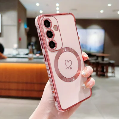 For Samsung Galaxy S24 Magnetic Case Love Hearts Pattern Soft TPU Phone Cover - Rose Pink