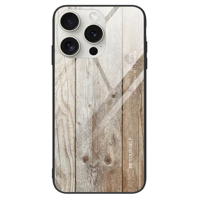 For iPhone 16 Pro Max Case TPU Frame Tempered Glass Back Phone Cover Wood Texture - Grijs