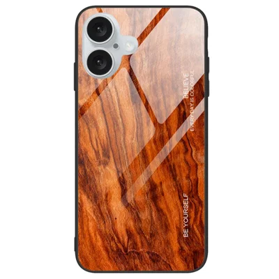 For iPhone 16 Case Wood Texture TPU+Tempered Glass Back Phone Cover - Orange