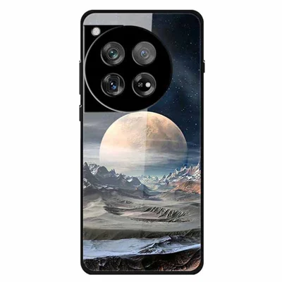 For OnePlus 12 5G Case Pattern Printing Tempered Glass Cell Phone Protection Cover - White Planet