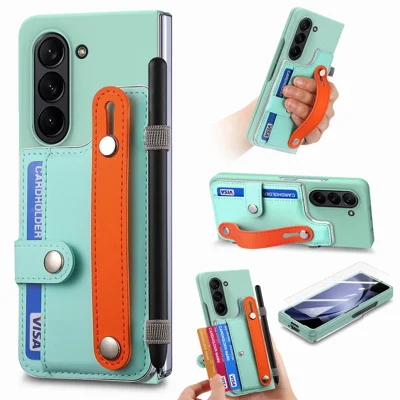 For Samsung Galaxy Z Fold6 5G Case Wristband Kickstand Leather+PC Phone Cover with Screen Film - Light Green