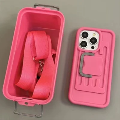 XX Series For iPhone 15 Pro Case Creative Storage Box PC+TPU Cell Phone Cover with Shoulder Strap - Rose