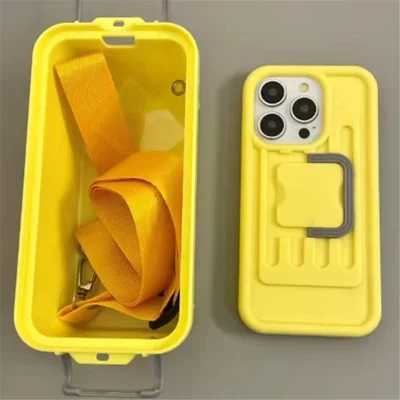XX Series For iPhone 15 Pro Case Creative Storage Box PC+TPU Cell Phone Cover with Shoulder Strap - Yellow
