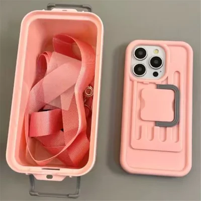 XX Series For iPhone 16 Pro Case Candy Color PC+TPU Phone Cover with Crossbody Storage Box - Pink