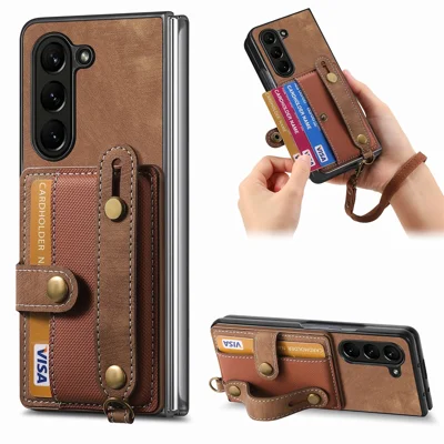 Fodral för Samsung Galaxy Z Fold6 5G med kortplats och handledsband Läder+PC med rem - Brun