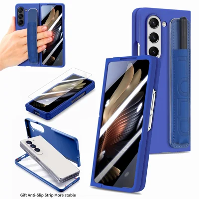 For Samsung Galaxy Z Fold6 5G Case Wristband Pen Slot Leather+PC Phone Cover with Screen Film - Dark Blue