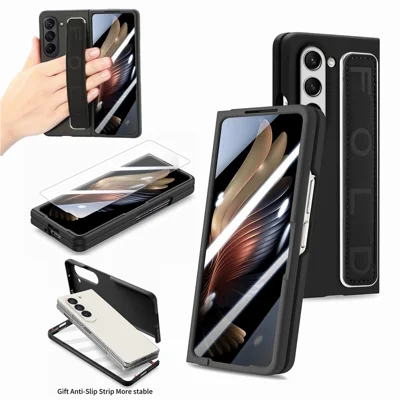 For Samsung Galaxy Z Fold6 5G Case Anti-Drop Wristband Leather+PC Phone Cover with Screen Film - Black