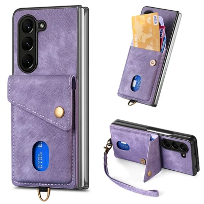 For Samsung Galaxy Z Fold6 5G Case Kickstand Card Bag Leather+PC Phone Cover with Strap - Purple