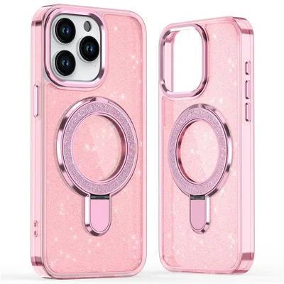 For iPhone 16 Pro Max Hybrid Case TPU+PC Kickstand Phone Protector Glitter Design - Pink