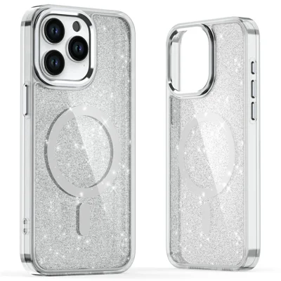 For iPhone 15 Pro Max Case Glitter Design TPU+PC Phone Cover Compatible with MagSafe - Transparent