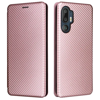 For HTC U24 Pro 5G Case Stand Card Holder Leather Phone Cover Carbon Fiber Texture - Rose Gold