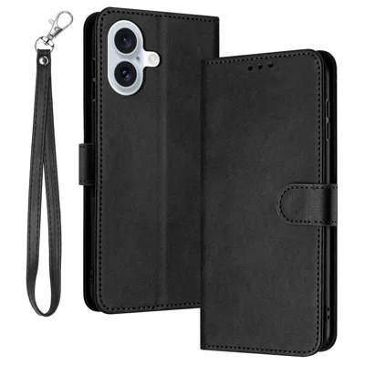 For iPhone 16 Wallet Case Calf Texture Leather Phone Cover Purse with Hand Strap - Black