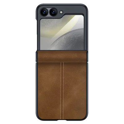 For Samsung Galaxy Z Flip7 FE 5G / Z Flip6 5G Case Hinge Leather+PC Phone Cover with Rear Screen Film - Brown